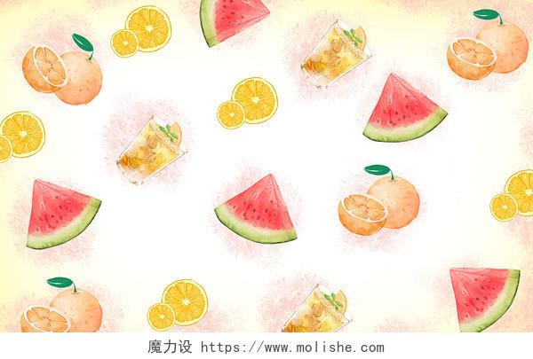 夏天冰镇西瓜橙子柠檬片冷饮冰块手绘插画背景水彩立夏水彩立夏水彩立夏西瓜插画